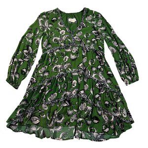 Anthropologie Green Floral Long-Sleeve Tiered Dress M V-Neck Boho Chic Style
